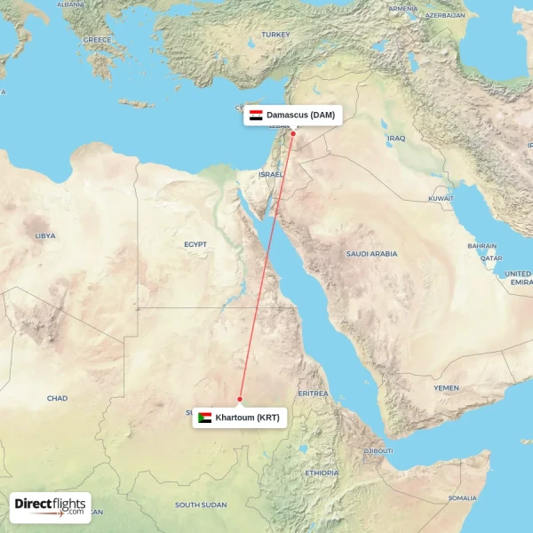 Khartoum - Damascus direct flight map