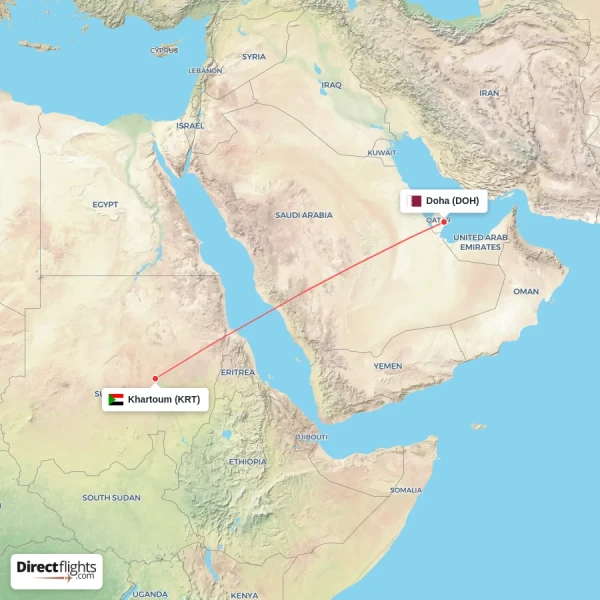 Khartoum - Doha direct flight map