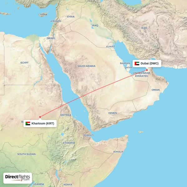 Khartoum - Dubai direct flight map