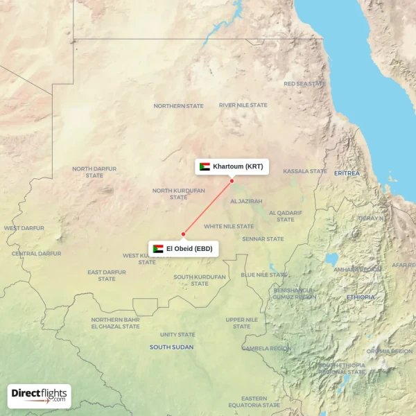 Khartoum - El Obeid direct flight map