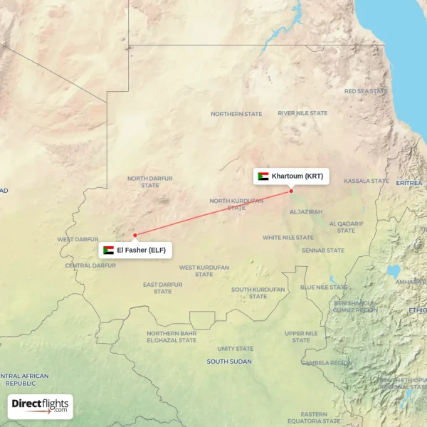 Khartoum - El Fasher direct flight map