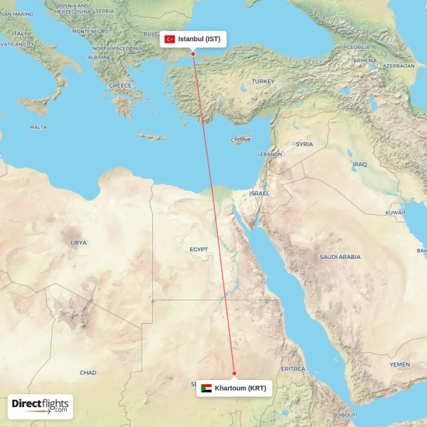 Khartoum - Istanbul direct flight map
