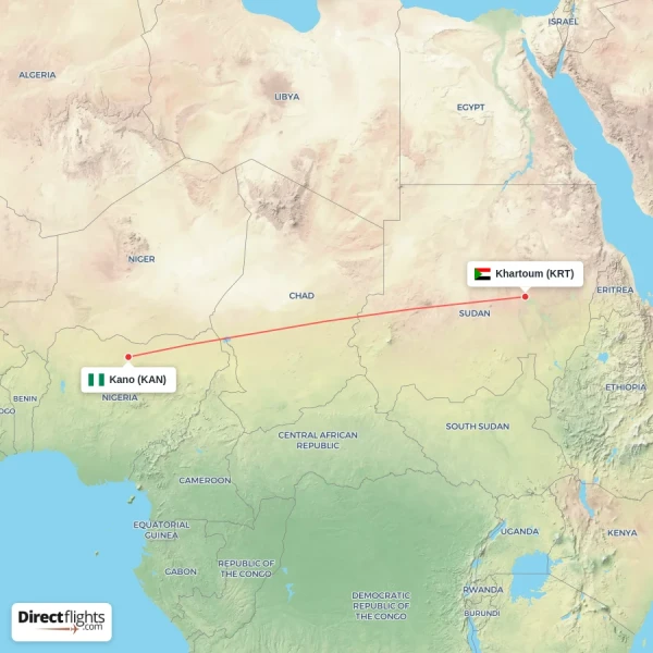 Khartoum - Kano direct flight map
