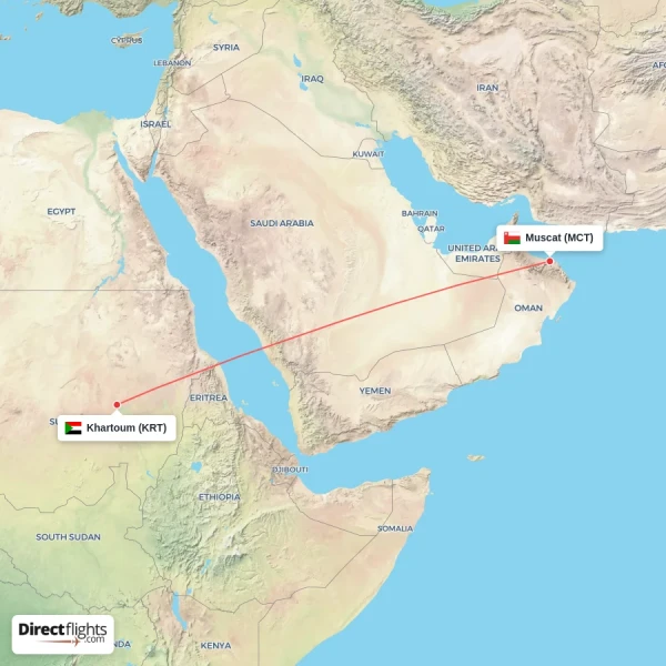 Khartoum - Muscat direct flight map
