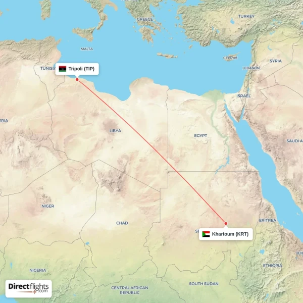 Khartoum - Tripoli direct flight map