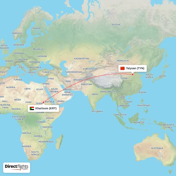 Khartoum - Taiyuan direct flight map