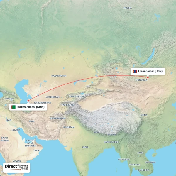 Turkmanbashi - Ulaanbaatar direct flight map