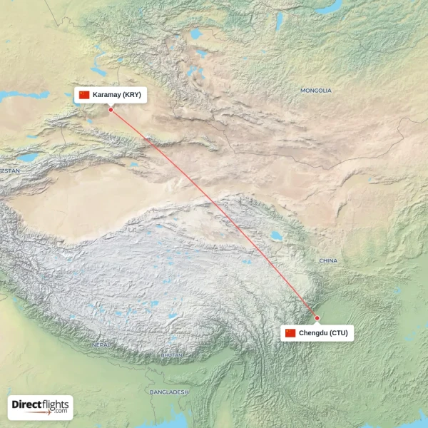 Karamay - Chengdu direct flight map