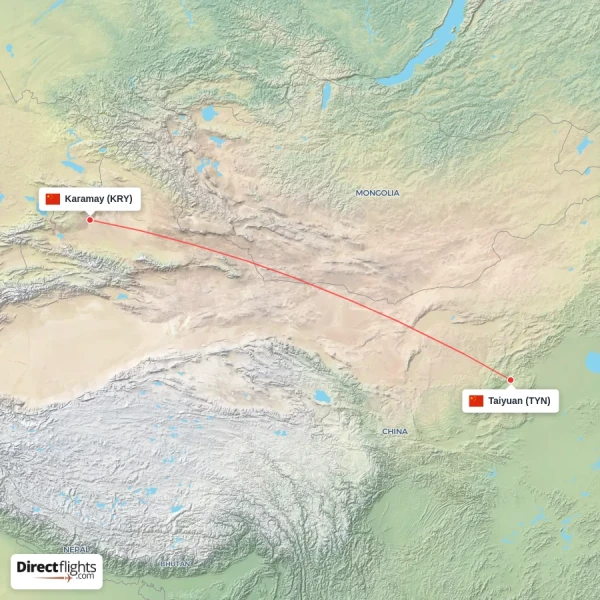 Karamay - Taiyuan direct flight map