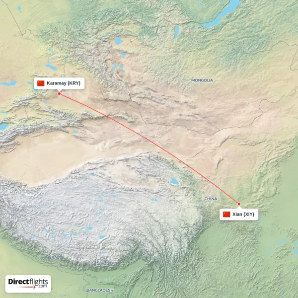 Karamay - Xian direct flight map
