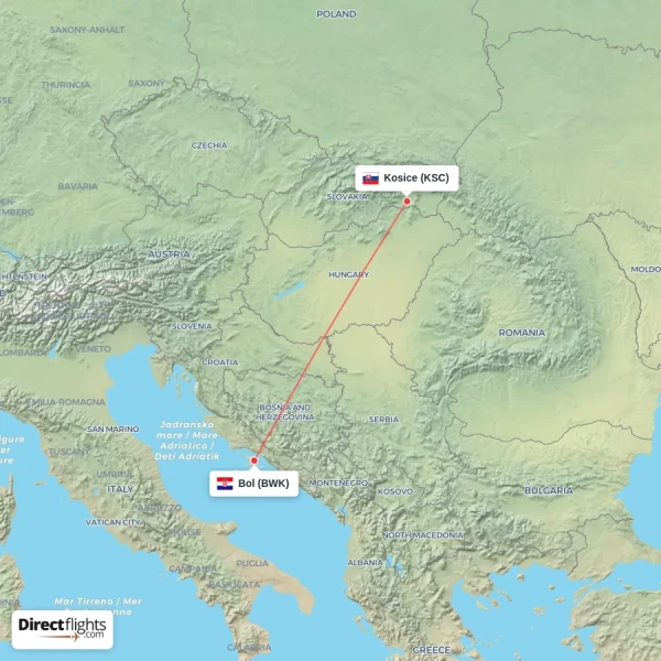 Kosice - Bol direct flight map