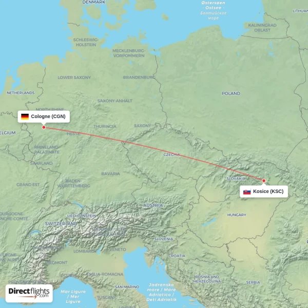 Kosice - Cologne direct flight map