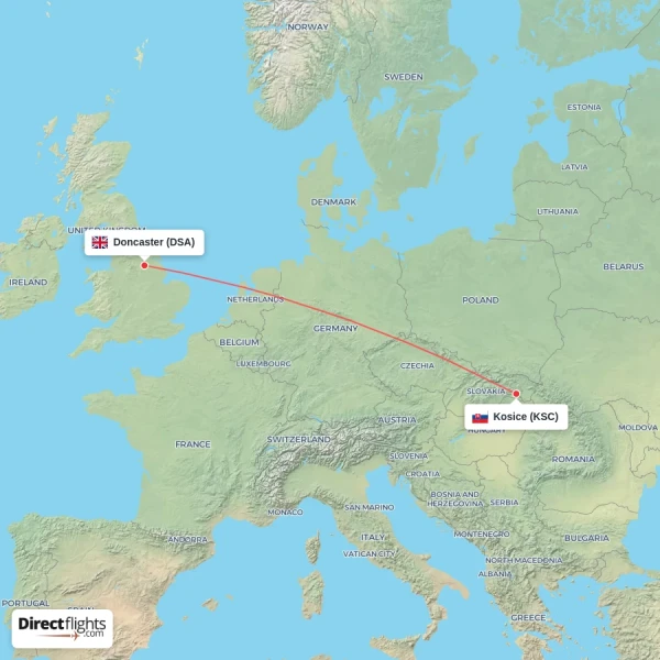 Kosice - Doncaster direct flight map