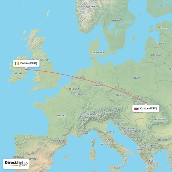 Kosice - Dublin direct flight map