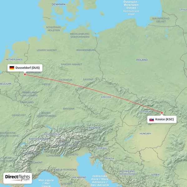 Kosice - Dusseldorf direct flight map