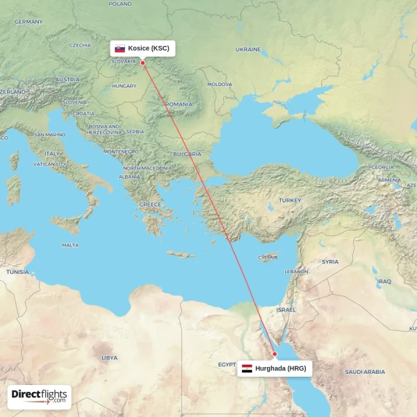 Kosice - Hurghada direct flight map