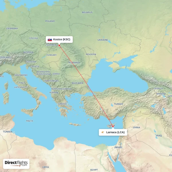 Kosice - Larnaca direct flight map