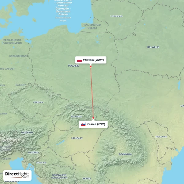 Kosice - Warsaw direct flight map
