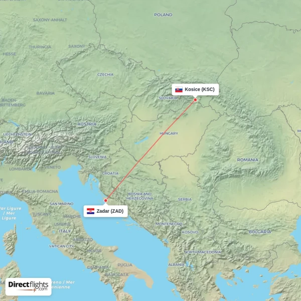 Kosice - Zadar direct flight map