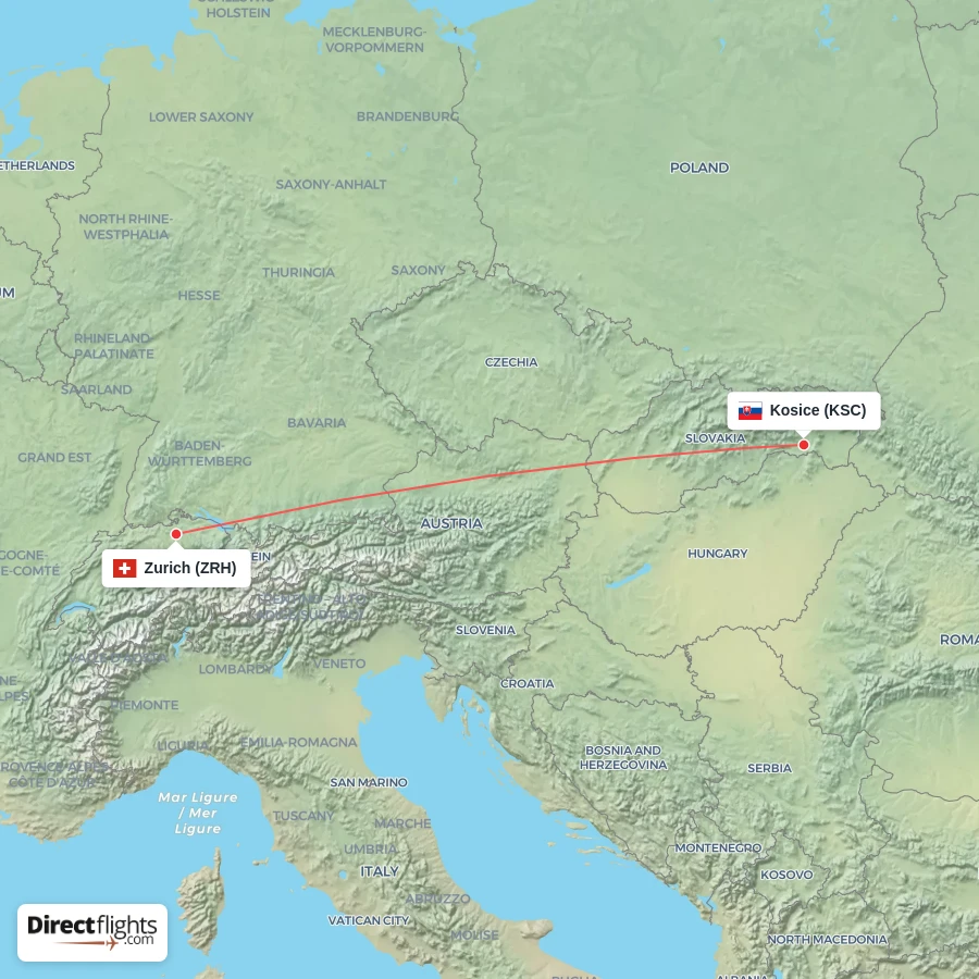 KSC - ZRH route map