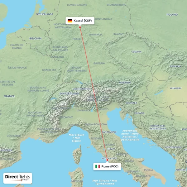 Kassel - Rome direct flight map