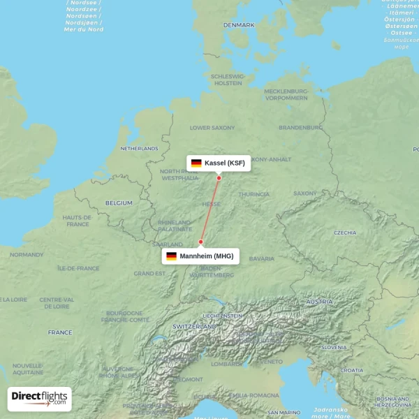 Kassel - Mannheim direct flight map