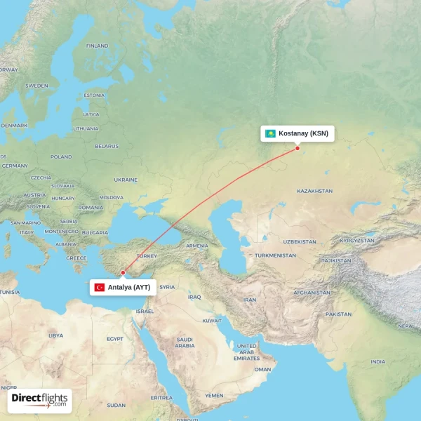 Kostanay - Antalya direct flight map