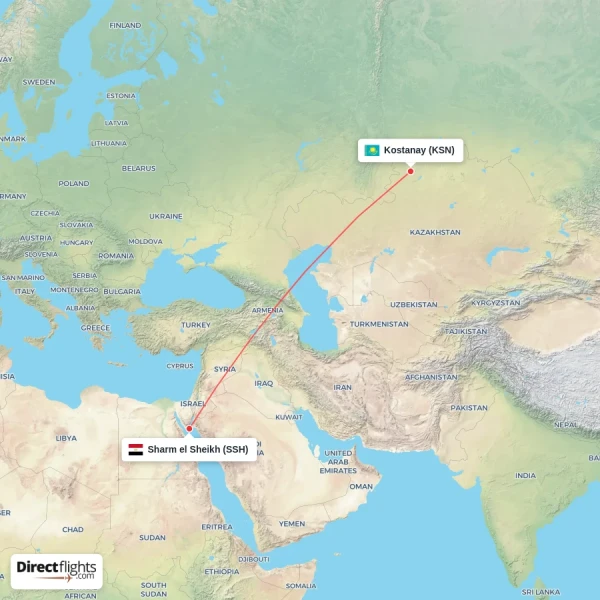 Kostanay - Sharm el Sheikh direct flight map