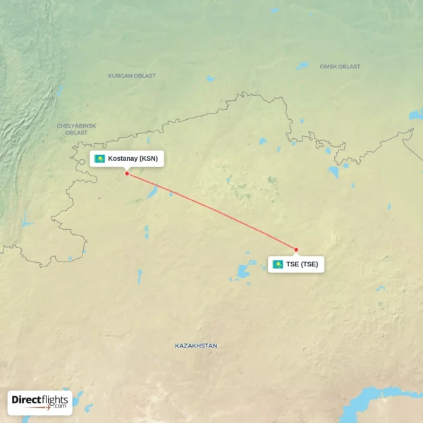 Kostanay - TSE direct flight map
