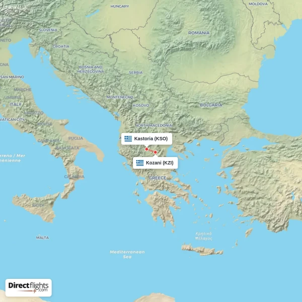 Kastoria - Kozani direct flight map