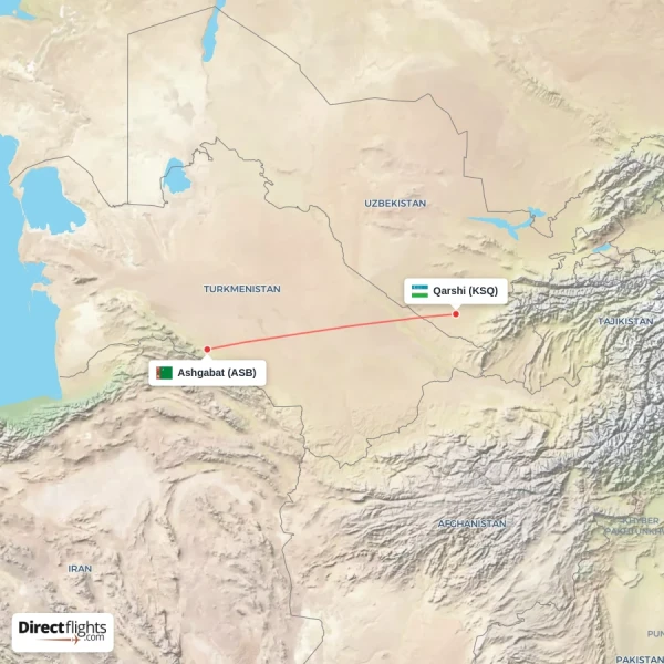 Qarshi - Ashgabat direct flight map