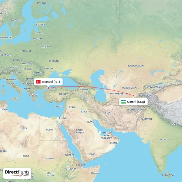 Qarshi - Istanbul direct flight map