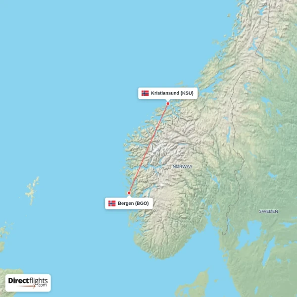 Kristiansund - Bergen direct flight map