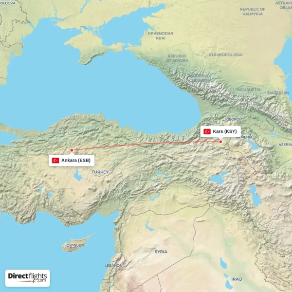 Kars - Ankara direct flight map