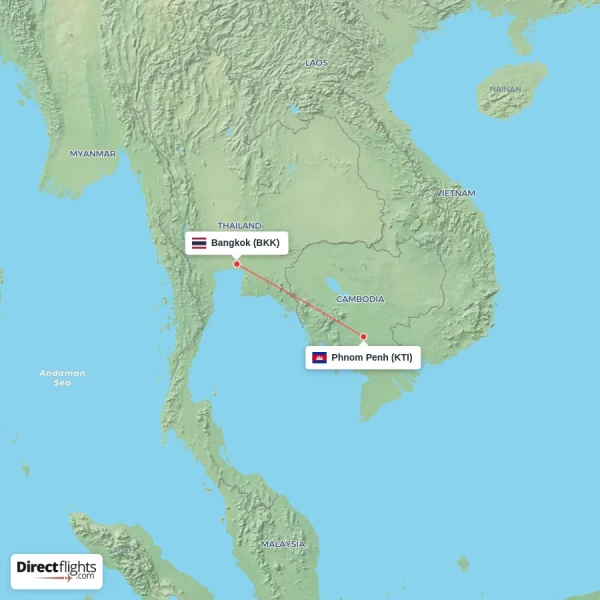 Phnom Penh - Bangkok direct flight map