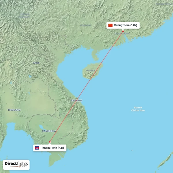 Phnom Penh - Guangzhou direct flight map