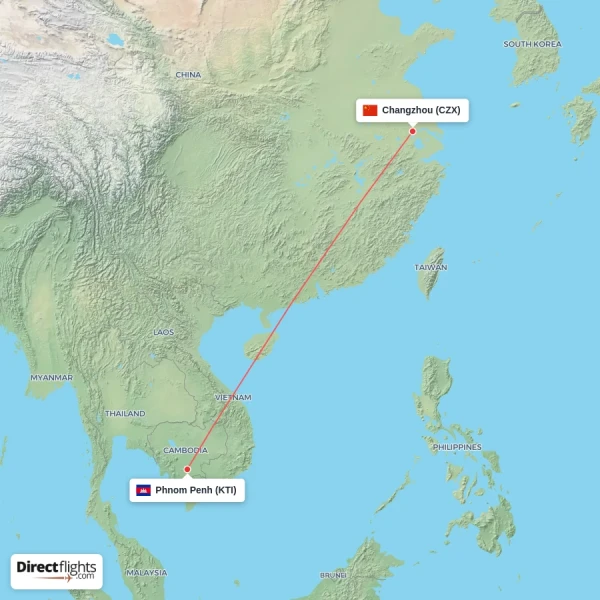 Phnom Penh - Changzhou direct flight map