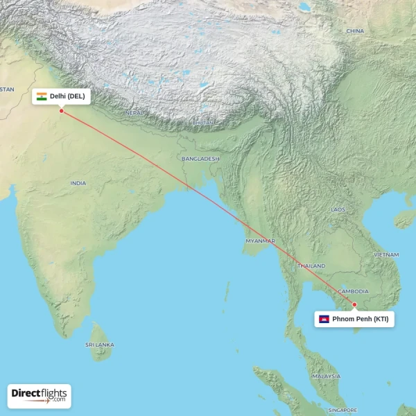 Phnom Penh - Delhi direct flight map