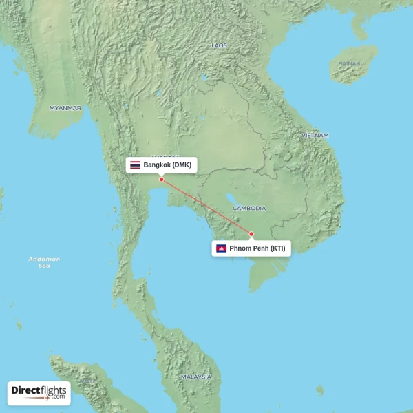 Phnom Penh - Bangkok direct flight map