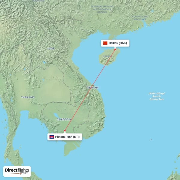 Phnom Penh - Haikou direct flight map