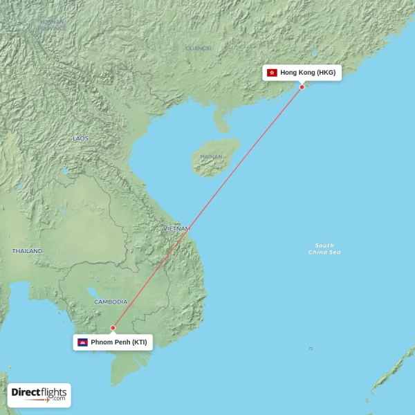 Phnom Penh - Hong Kong direct flight map