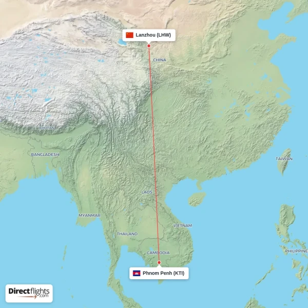 Phnom Penh - Lanzhou direct flight map