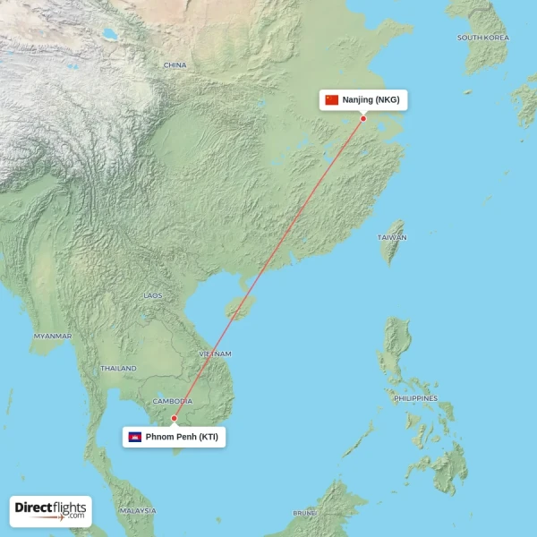 Phnom Penh - Nanjing direct flight map