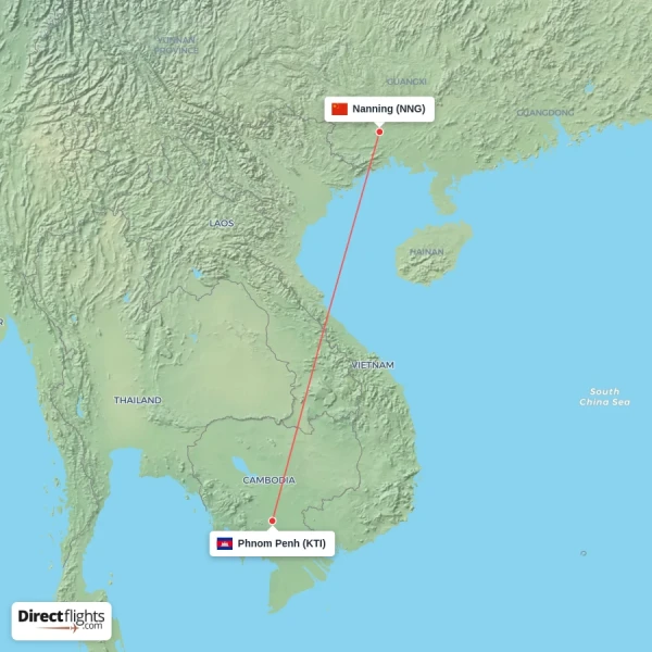 Phnom Penh - Nanning direct flight map