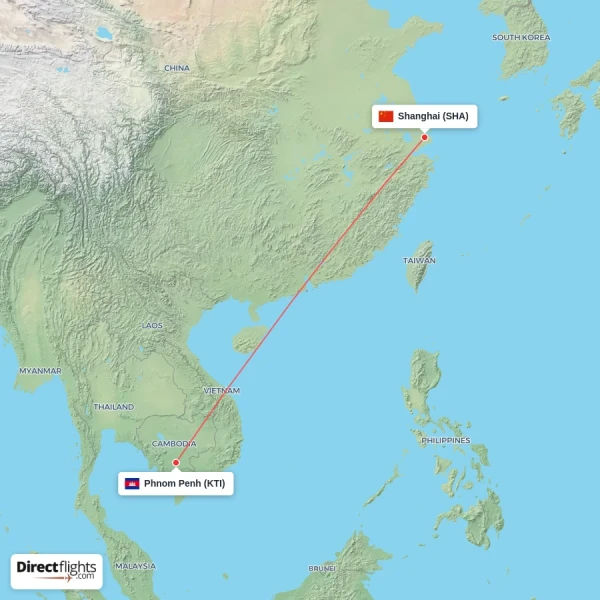 Phnom Penh - Shanghai direct flight map