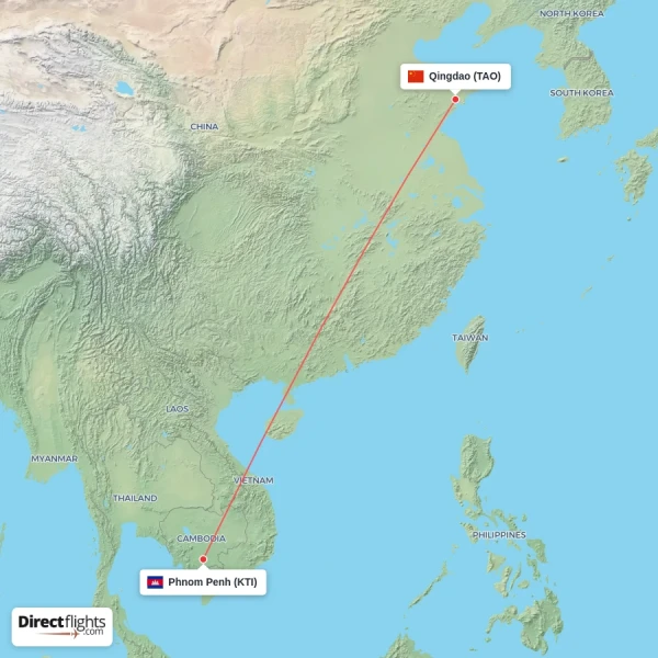 Phnom Penh - Qingdao direct flight map
