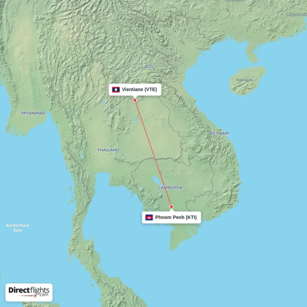 Phnom Penh - Vientiane direct flight map