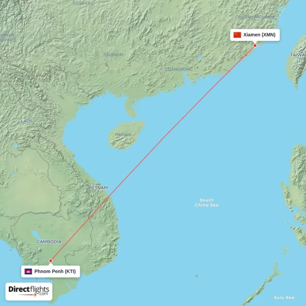 Phnom Penh - Xiamen direct flight map