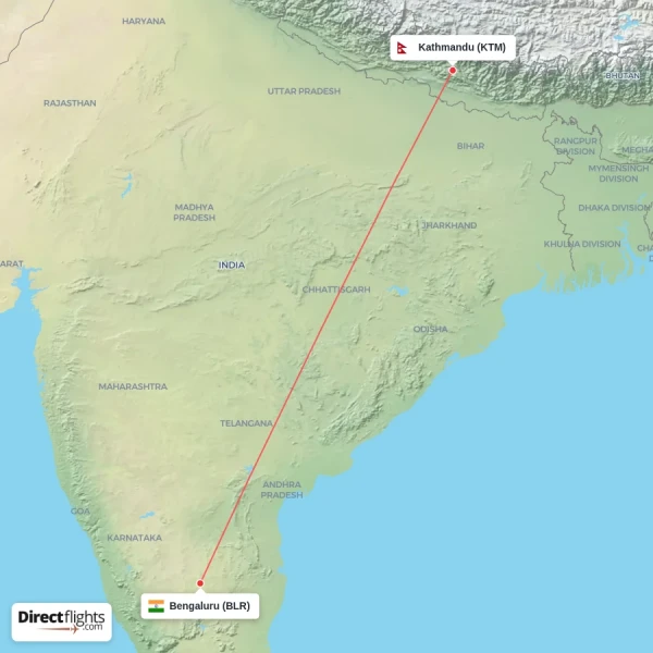 Kathmandu - Bengaluru direct flight map