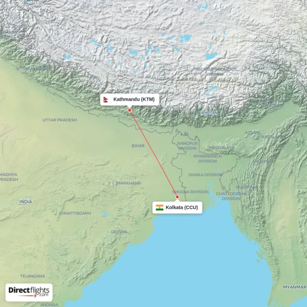 Kathmandu - Kolkata direct flight map